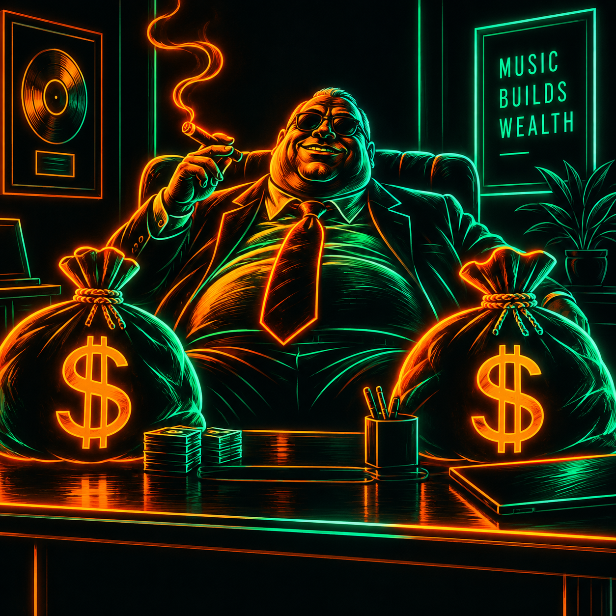 Record executive with money bags and a Music Builds Wealth neon sign